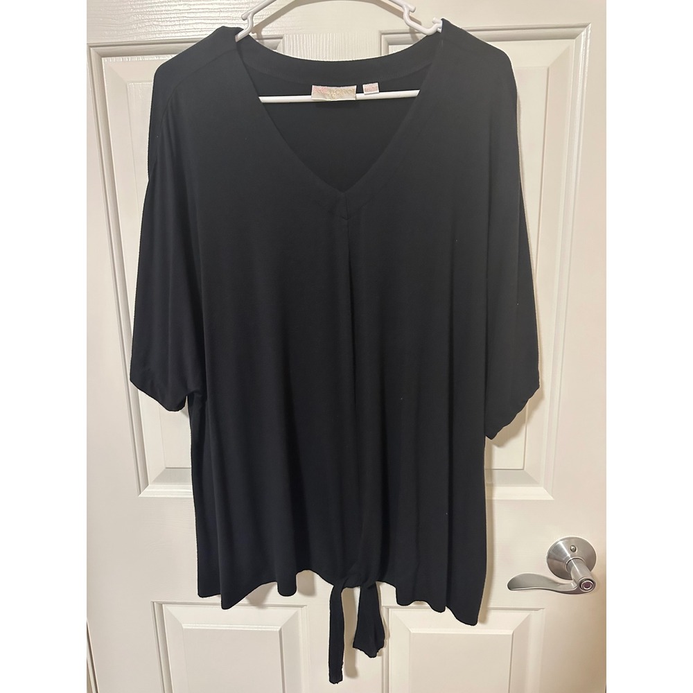 Belle Boho Top Women 1X Black Kim Gravel V-Neck Front Tie Short Sleeve Rayon